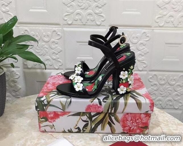 Good Looking Dolce & Gabbana High Heel Sandals 10.5cm in Printed Calfskin with Bloom Charm Black/Multicolor 401014