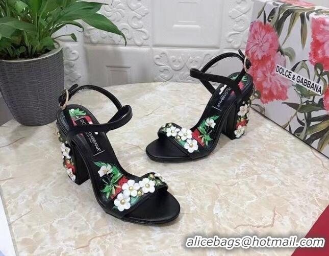 Good Looking Dolce & Gabbana High Heel Sandals 10.5cm in Printed Calfskin with Bloom Charm Black/Multicolor 401014