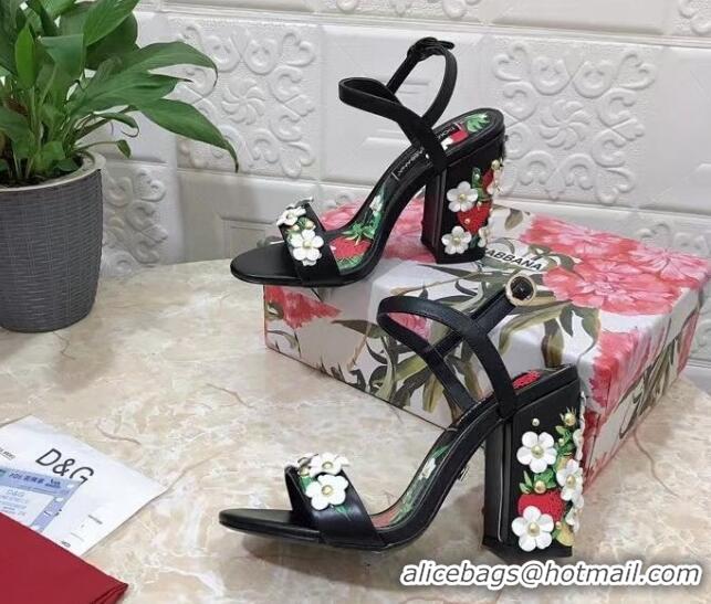 Good Looking Dolce & Gabbana High Heel Sandals 10.5cm in Printed Calfskin with Bloom Charm Black/Multicolor 401014