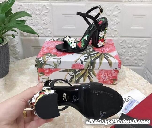 Good Looking Dolce & Gabbana High Heel Sandals 10.5cm in Printed Calfskin with Bloom Charm Black/Multicolor 401014