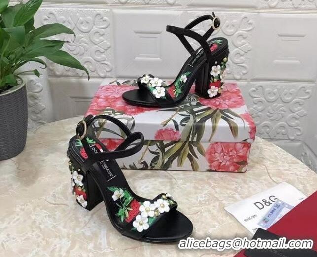 Good Looking Dolce & Gabbana High Heel Sandals 10.5cm in Printed Calfskin with Bloom Charm Black/Multicolor 401014