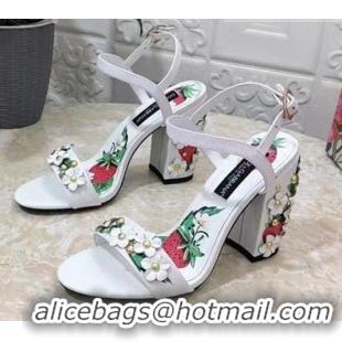 Good Quality Dolce & Gabbana High Heel Sandals 10.5cm in Printed Calfskin with Bloom Charm White 401015