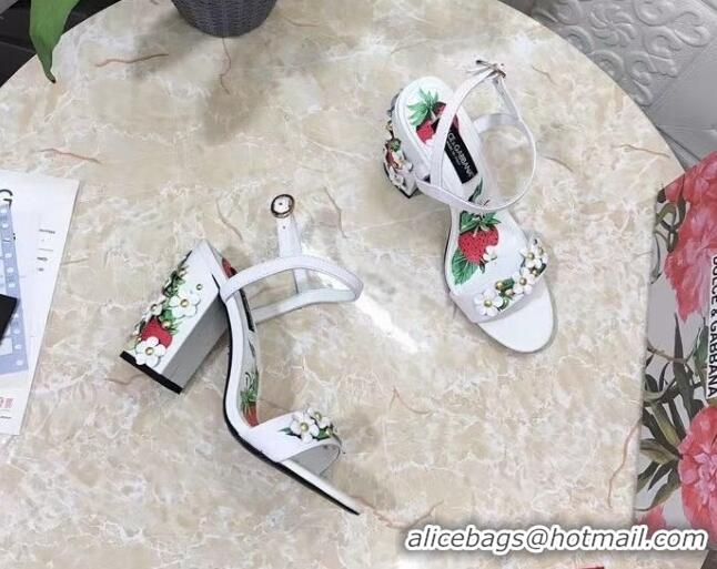 Good Quality Dolce & Gabbana High Heel Sandals 10.5cm in Printed Calfskin with Bloom Charm White 401015