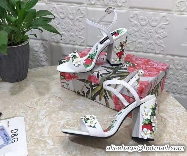 Good Quality Dolce & Gabbana High Heel Sandals 10.5cm in Printed Calfskin with Bloom Charm White 401015