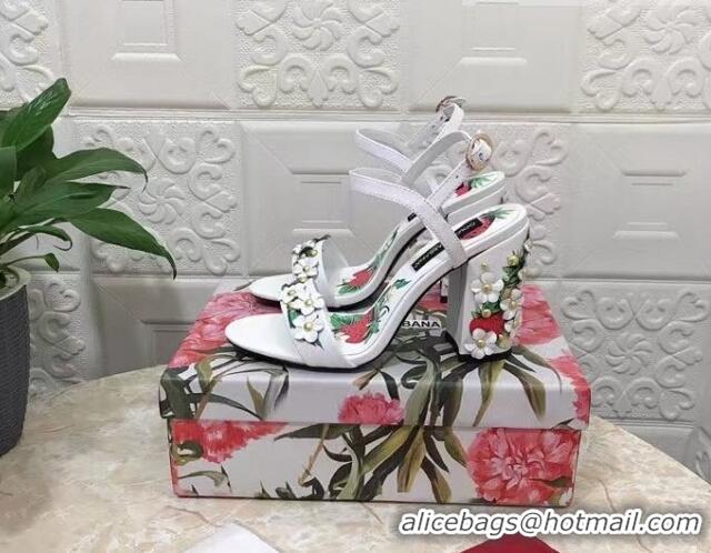 Good Quality Dolce & Gabbana High Heel Sandals 10.5cm in Printed Calfskin with Bloom Charm White 401015