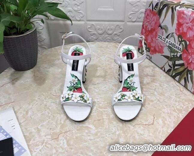 Good Quality Dolce & Gabbana High Heel Sandals 10.5cm in Printed Calfskin with Bloom Charm White 401015