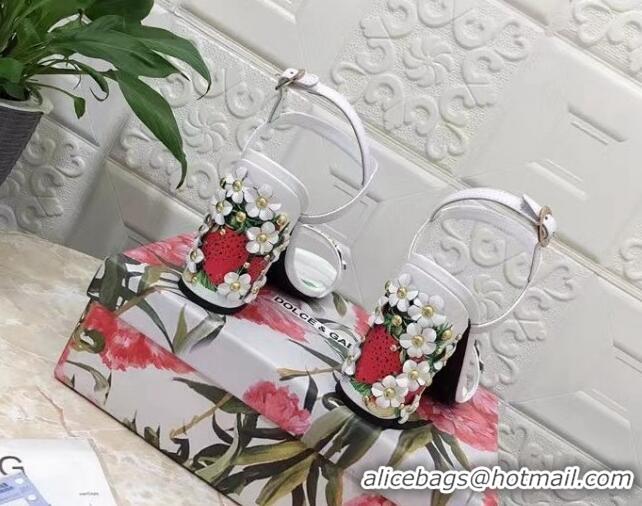 Good Quality Dolce & Gabbana High Heel Sandals 10.5cm in Printed Calfskin with Bloom Charm White 401015