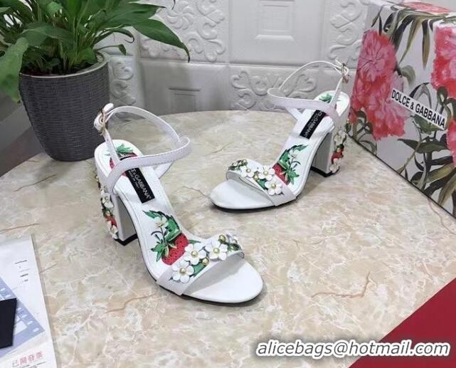 Good Quality Dolce & Gabbana High Heel Sandals 10.5cm in Printed Calfskin with Bloom Charm White 401015