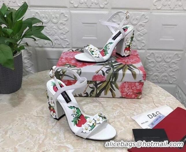 Good Quality Dolce & Gabbana High Heel Sandals 10.5cm in Printed Calfskin with Bloom Charm White 401015