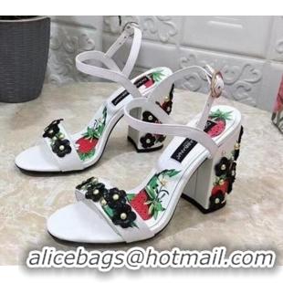 Charming Dolce & Gabbana High Heel Sandals 10.5cm in Printed Calfskin with Bloom Charm White/Black 401016