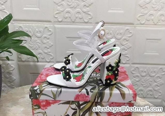 Charming Dolce & Gabbana High Heel Sandals 10.5cm in Printed Calfskin with Bloom Charm White/Black 401016