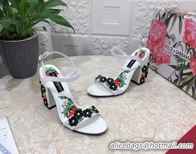 Charming Dolce & Gabbana High Heel Sandals 10.5cm in Printed Calfskin with Bloom Charm White/Black 401016