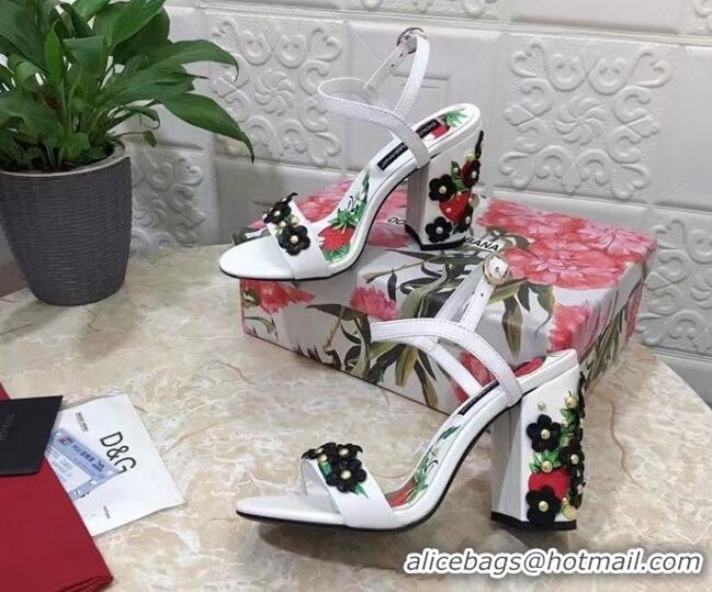 Charming Dolce & Gabbana High Heel Sandals 10.5cm in Printed Calfskin with Bloom Charm White/Black 401016