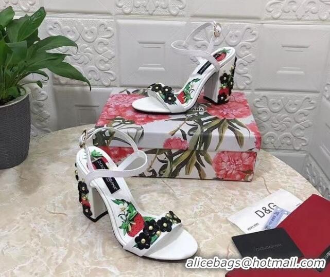 Charming Dolce & Gabbana High Heel Sandals 10.5cm in Printed Calfskin with Bloom Charm White/Black 401016