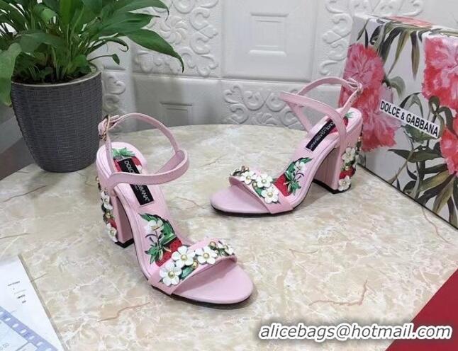 Purchase Dolce & Gabbana High Heel Sandals 10.5cm in Printed Calfskin with Bloom Charm Light Pink 401017