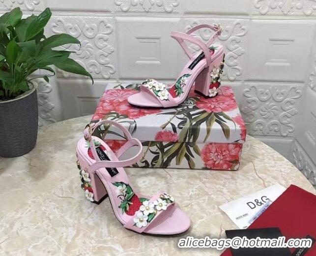 Purchase Dolce & Gabbana High Heel Sandals 10.5cm in Printed Calfskin with Bloom Charm Light Pink 401017