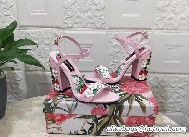 Purchase Dolce & Gabbana High Heel Sandals 10.5cm in Printed Calfskin with Bloom Charm Light Pink 401017