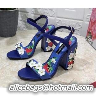 Grade Quality Dolce & Gabbana High Heel Sandals 10.5cm in Printed Calfskin with Bloom Charm Blue 401018