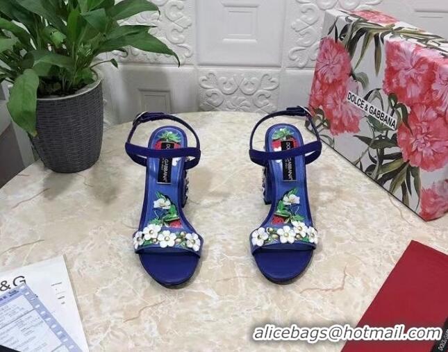 Grade Quality Dolce & Gabbana High Heel Sandals 10.5cm in Printed Calfskin with Bloom Charm Blue 401018