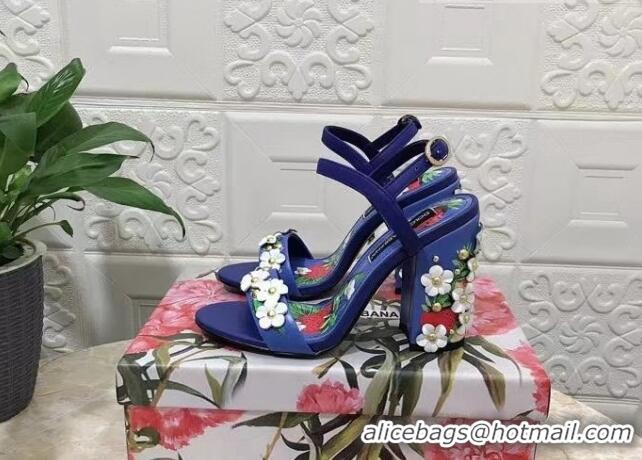 Grade Quality Dolce & Gabbana High Heel Sandals 10.5cm in Printed Calfskin with Bloom Charm Blue 401018