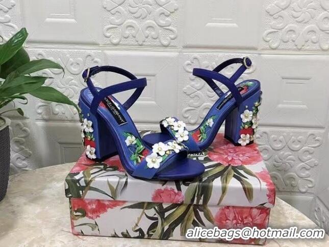 Grade Quality Dolce & Gabbana High Heel Sandals 10.5cm in Printed Calfskin with Bloom Charm Blue 401018