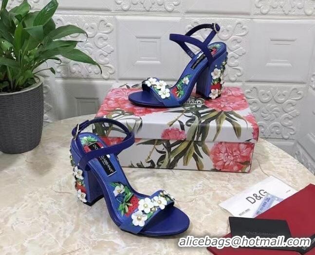 Grade Quality Dolce & Gabbana High Heel Sandals 10.5cm in Printed Calfskin with Bloom Charm Blue 401018