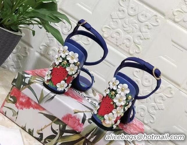 Grade Quality Dolce & Gabbana High Heel Sandals 10.5cm in Printed Calfskin with Bloom Charm Blue 401018