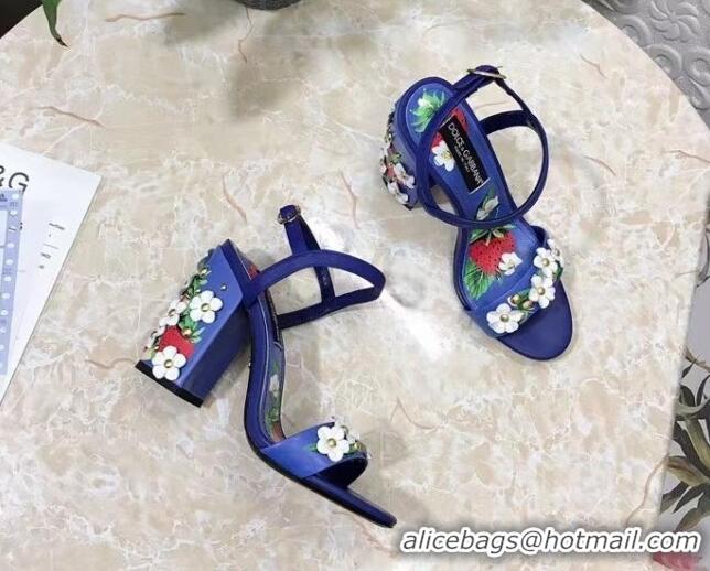 Grade Quality Dolce & Gabbana High Heel Sandals 10.5cm in Printed Calfskin with Bloom Charm Blue 401018