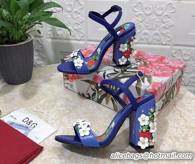 Grade Quality Dolce & Gabbana High Heel Sandals 10.5cm in Printed Calfskin with Bloom Charm Blue 401018