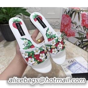 Best Grade Dolce & Gabbana Flat Slide Sandals in Printed Calfskin with Bloom Charm White 401019