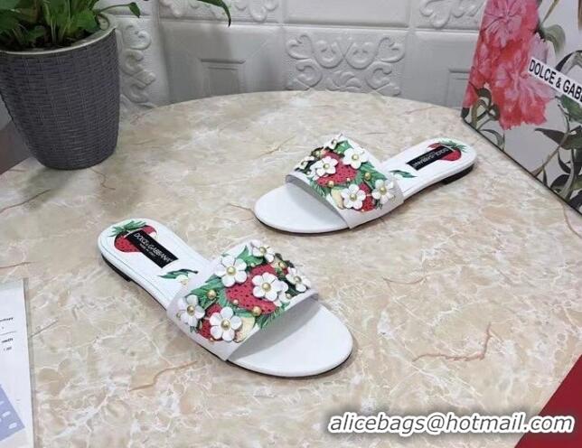 Best Grade Dolce & Gabbana Flat Slide Sandals in Printed Calfskin with Bloom Charm White 401019