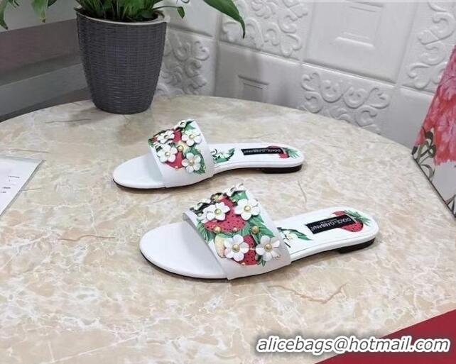 Best Grade Dolce & Gabbana Flat Slide Sandals in Printed Calfskin with Bloom Charm White 401019