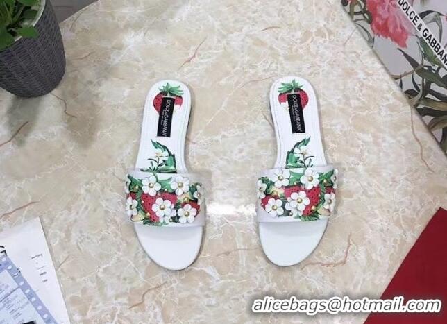 Best Grade Dolce & Gabbana Flat Slide Sandals in Printed Calfskin with Bloom Charm White 401019