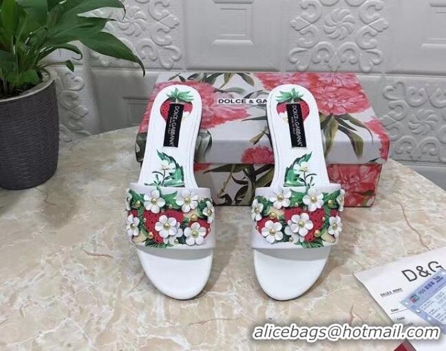 Best Grade Dolce & Gabbana Flat Slide Sandals in Printed Calfskin with Bloom Charm White 401019