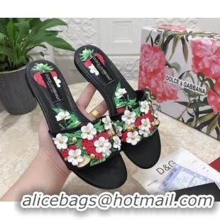 Most Popular Dolce & Gabbana Flat Slide Sandals in Printed Calfskin with Bloom Charm Black 401020