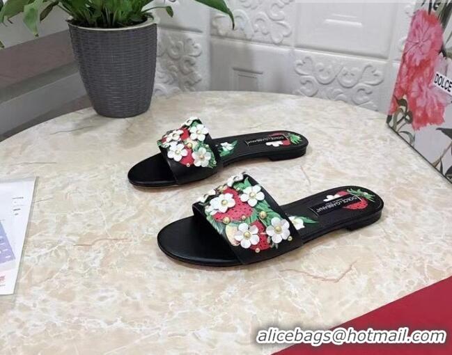 Most Popular Dolce & Gabbana Flat Slide Sandals in Printed Calfskin with Bloom Charm Black 401020