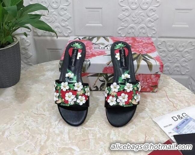 Most Popular Dolce & Gabbana Flat Slide Sandals in Printed Calfskin with Bloom Charm Black 401020