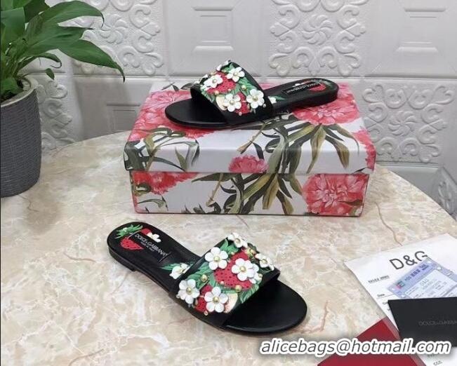 Most Popular Dolce & Gabbana Flat Slide Sandals in Printed Calfskin with Bloom Charm Black 401020