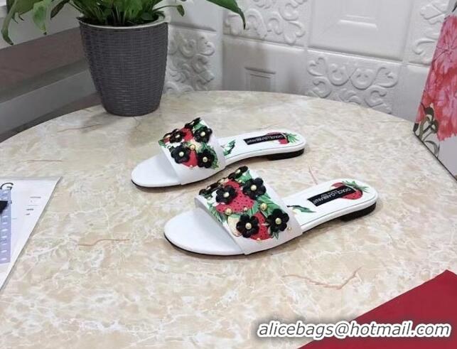 Luxurious Dolce & Gabbana Flat Slide Sandals in Printed Calfskin with Bloom Charm White/Multicolor 401021