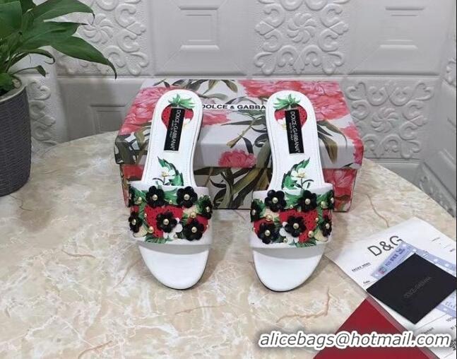 Luxurious Dolce & Gabbana Flat Slide Sandals in Printed Calfskin with Bloom Charm White/Multicolor 401021