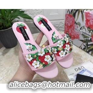 Trendy Design Dolce & Gabbana Flat Slide Sandals in Printed Calfskin with Bloom Charm Light Pink 401022