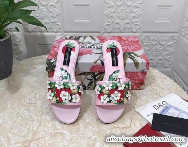 Trendy Design Dolce & Gabbana Flat Slide Sandals in Printed Calfskin with Bloom Charm Light Pink 401022