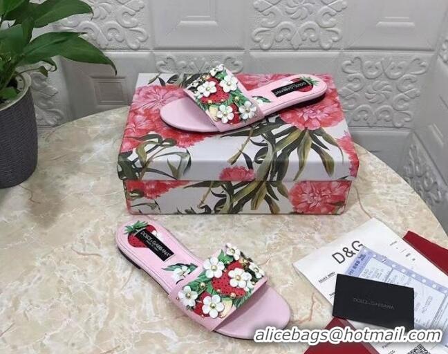 Trendy Design Dolce & Gabbana Flat Slide Sandals in Printed Calfskin with Bloom Charm Light Pink 401022