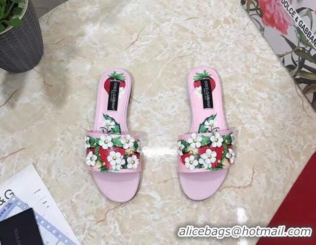 Trendy Design Dolce & Gabbana Flat Slide Sandals in Printed Calfskin with Bloom Charm Light Pink 401022