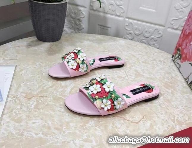 Trendy Design Dolce & Gabbana Flat Slide Sandals in Printed Calfskin with Bloom Charm Light Pink 401022