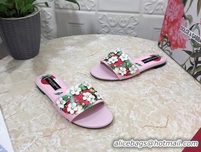 Trendy Design Dolce & Gabbana Flat Slide Sandals in Printed Calfskin with Bloom Charm Light Pink 401022