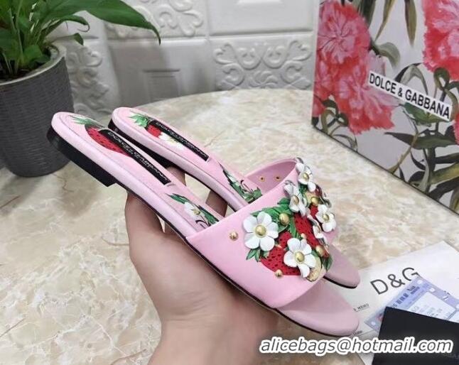 Trendy Design Dolce & Gabbana Flat Slide Sandals in Printed Calfskin with Bloom Charm Light Pink 401022