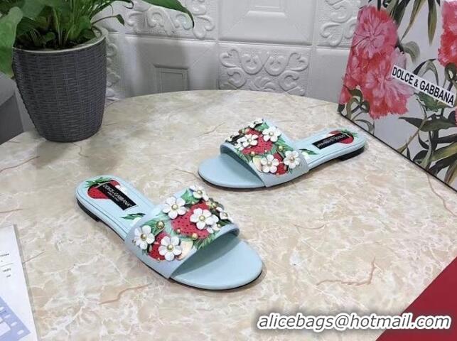 Top Grade Dolce & Gabbana Flat Slide Sandals in Printed Calfskin with Bloom Charm Light Blue 401023