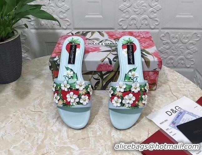 Top Grade Dolce & Gabbana Flat Slide Sandals in Printed Calfskin with Bloom Charm Light Blue 401023