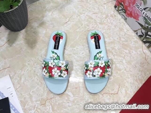 Top Grade Dolce & Gabbana Flat Slide Sandals in Printed Calfskin with Bloom Charm Light Blue 401023